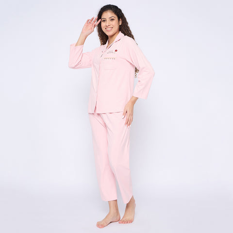 Women's Cotton Pyjama Set, Long Sleeve Button-Down Top with Pants, Sleepwear, Peach