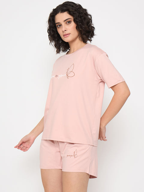 Women's Cotton Loungewear Set, Short Sleeve T-Shirt and Shorts, Pink