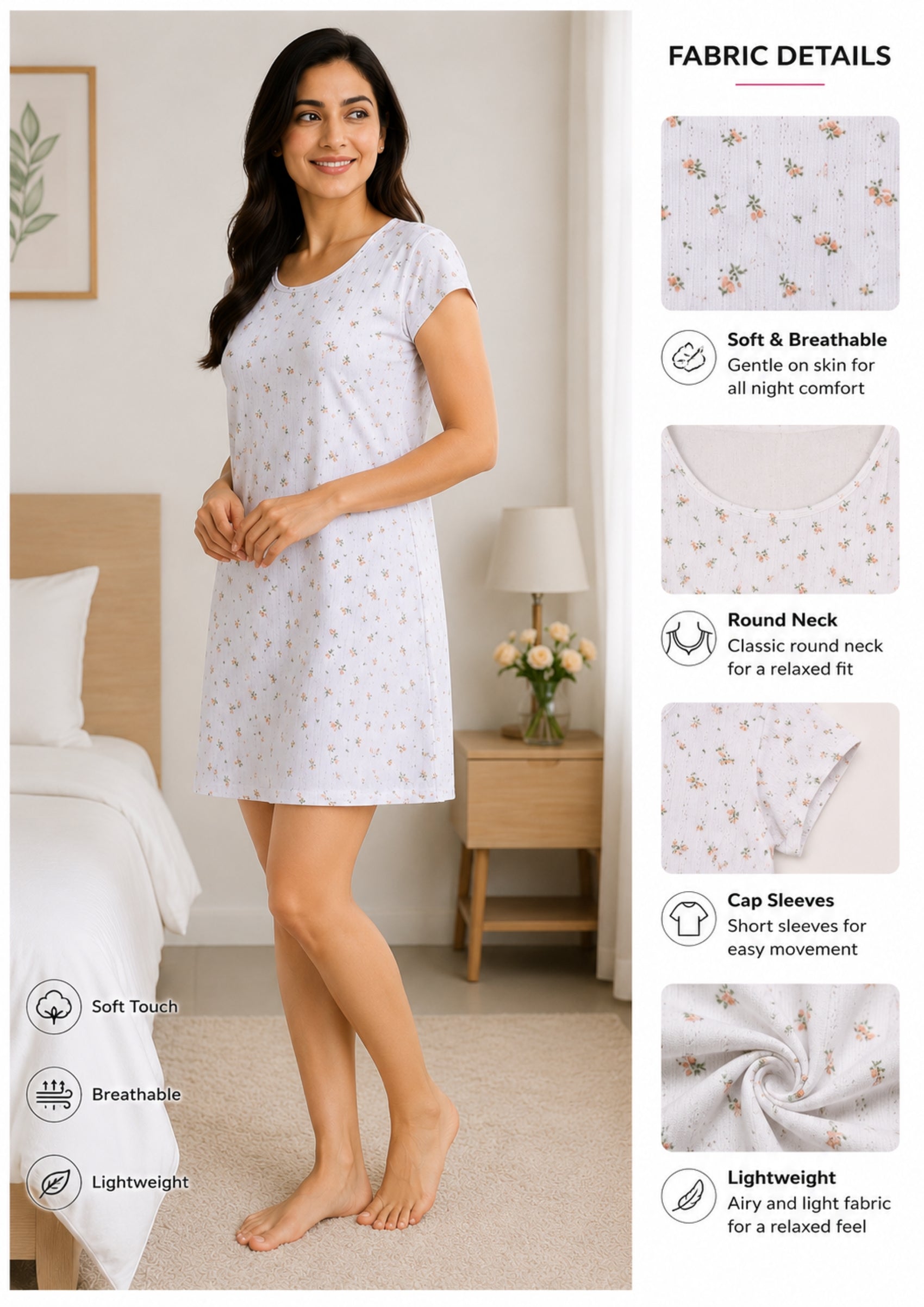 Women’s Knee Length Nighty | Soft Comfortable Sleepwear | Cap Sleeve Short Night Dress