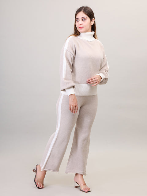 Women's Long Sleeve High Neck woolen Beige Co-Ord Set