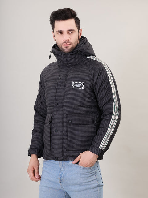 Black Stand Collar with hood Puffer Jacket for Mens