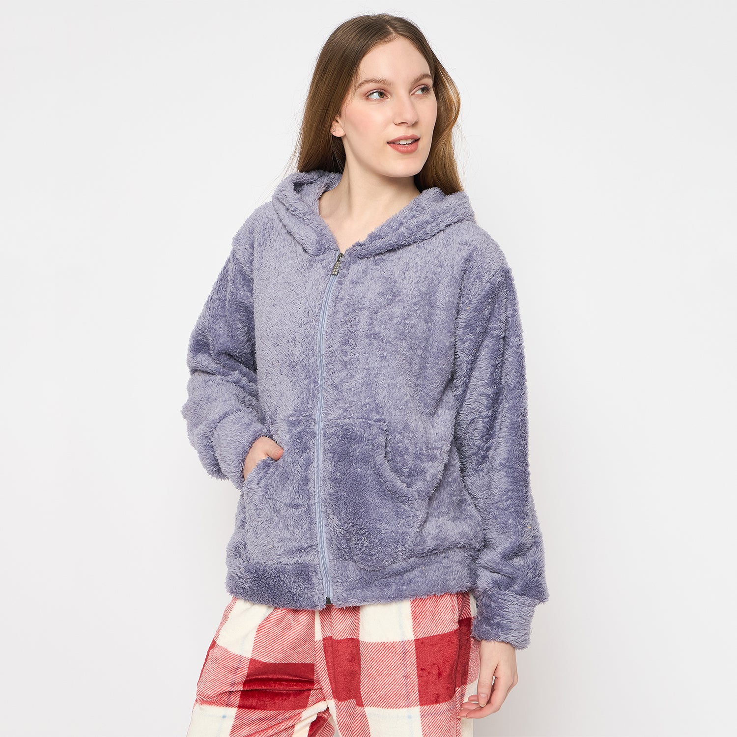 Women Solid Hooded Sherpa Fleece Sweatshirt
