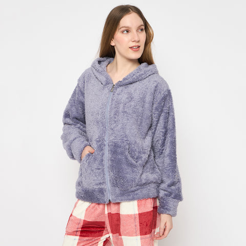 Women Solid Hooded Sherpa Fleece Sweatshirt