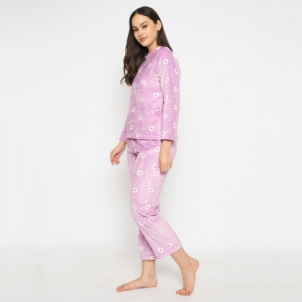 Women's Printed Full Sleeve Round Neck Top and Pajama Pants with 1 side Pockets