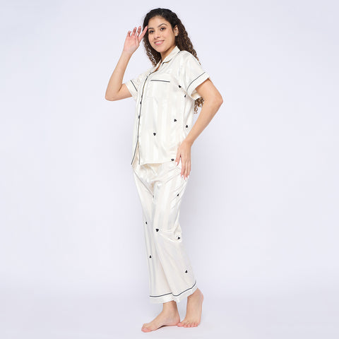 Women's Satin Pyjama Set, Short Sleeve Button-Down Shirt with Full Length Pyjama