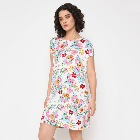 Camey Ladies Night Dress – Ideal for a Sound Sleep | Women's Printed Nightgown, Short Sleeve Sleep Dress, Short Length, Short Nighty, White Red