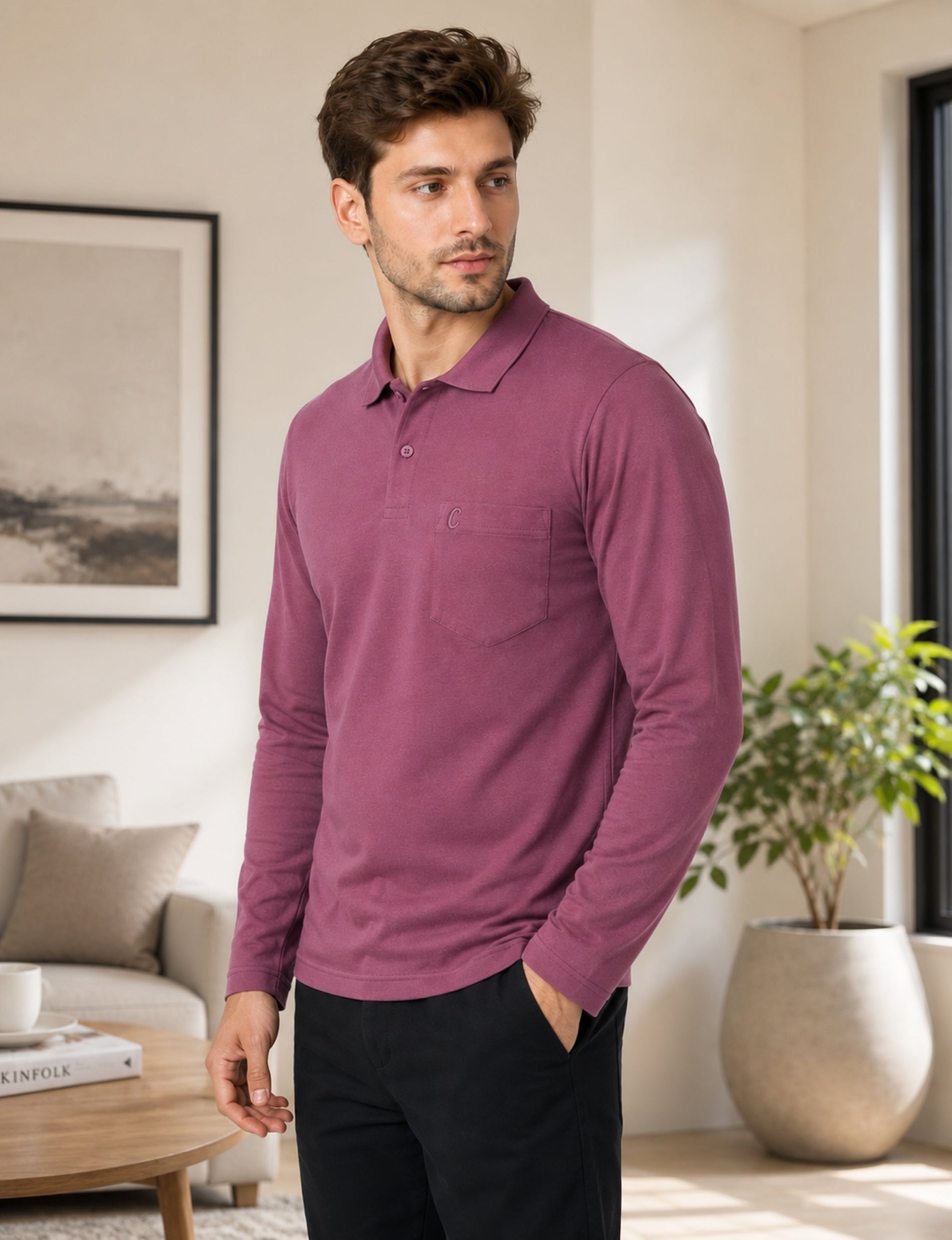 Camey Men's Plain Solid Full Sleeve Polo T-Shirt | Collared Casual Cotton Blend Tee with Chest Pocket