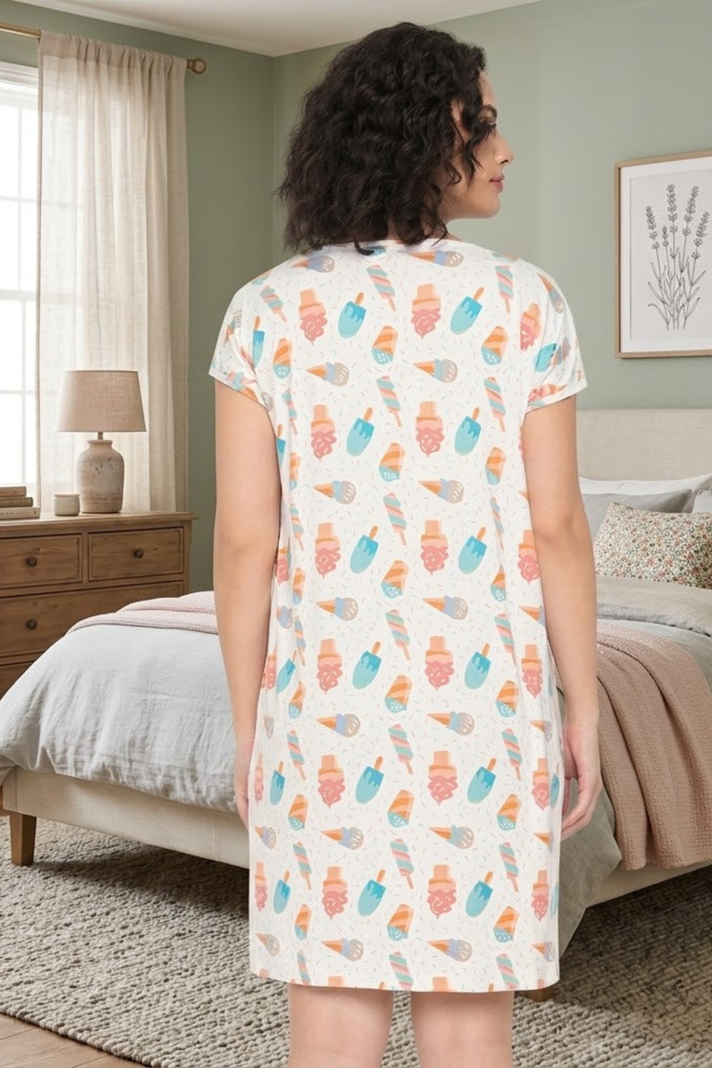 Camey Long Nighty – Comfy & Stylish Nightwear for Women | Women's Printed Nightgown, Short Sleeve Sleep Dress, Short Length, Short Nighty, White Blue