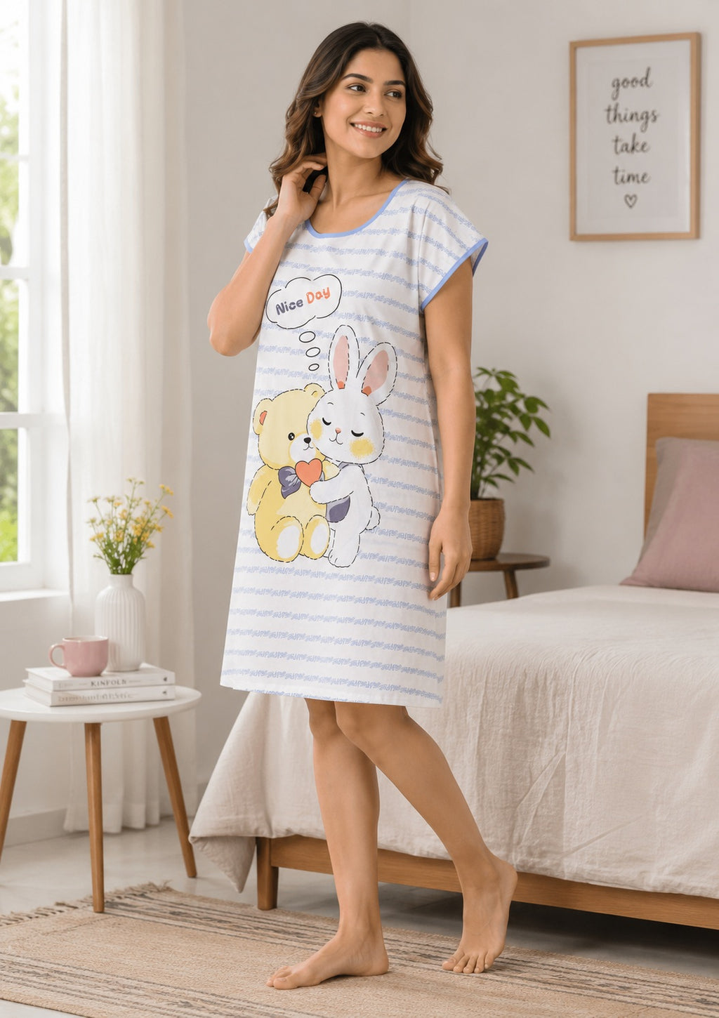 Women's Cute Cartoon Printed Knee Length Nighty | Soft Comfortable Loose Fit Short Sleeve Nighty for Women