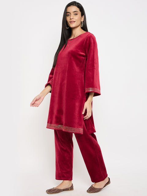 Women's Velvet Winter Kurti Set, Long Sleeves|Winter Velvet Kurti & Pajama Set