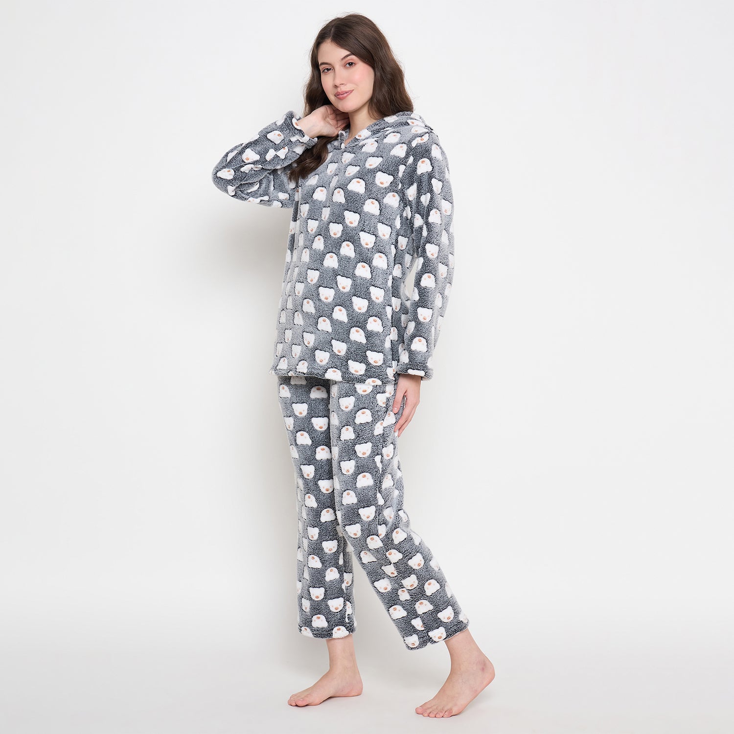 Women's Winter Glow in Dark Printed Full Sleeve Hooded Top, Pajama Pants with Pockets