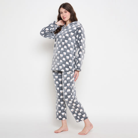 Women's Winter Glow in Dark Printed Full Sleeve Hooded Top, Pajama Pants with Pockets