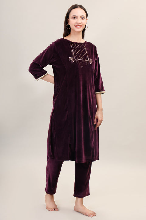 Women's Velvet Winter Embroidered Corduroy Kurti Set, Long Sleeves (Maroon)