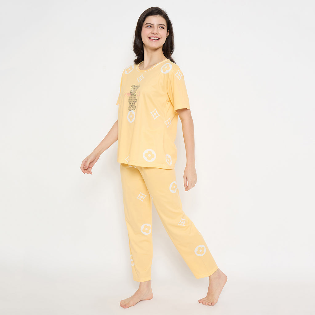 Camey Women Night Suit – Soft Cotton Printed Night Suit for Women | Stylish Sleepwear & Pyjama Set, Yellow