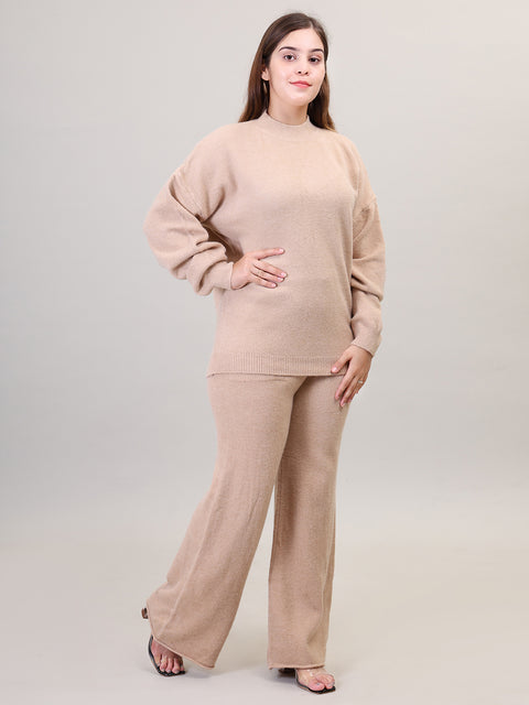 Women's Long Sleeve Round Neck woolen Beige Co-Ord Set