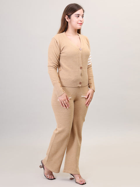 Women's Long Sleeve V-Neck open Button woolen Khaki Co-Ord Set