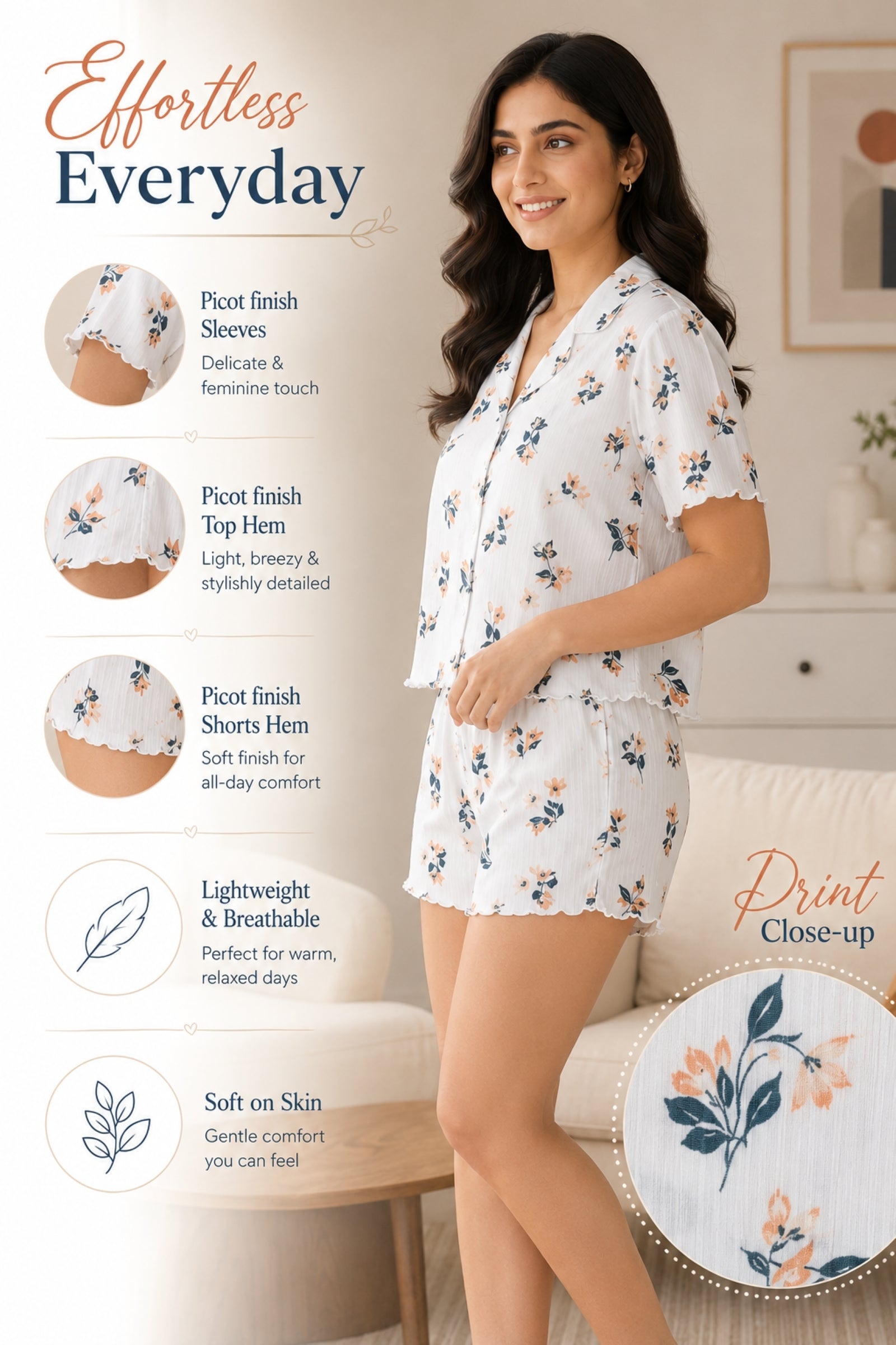 Women Night Suit, Loose Fit Short Set, Shirt & Short Loungewear, Printed Co-Ord, Stretch Fabric