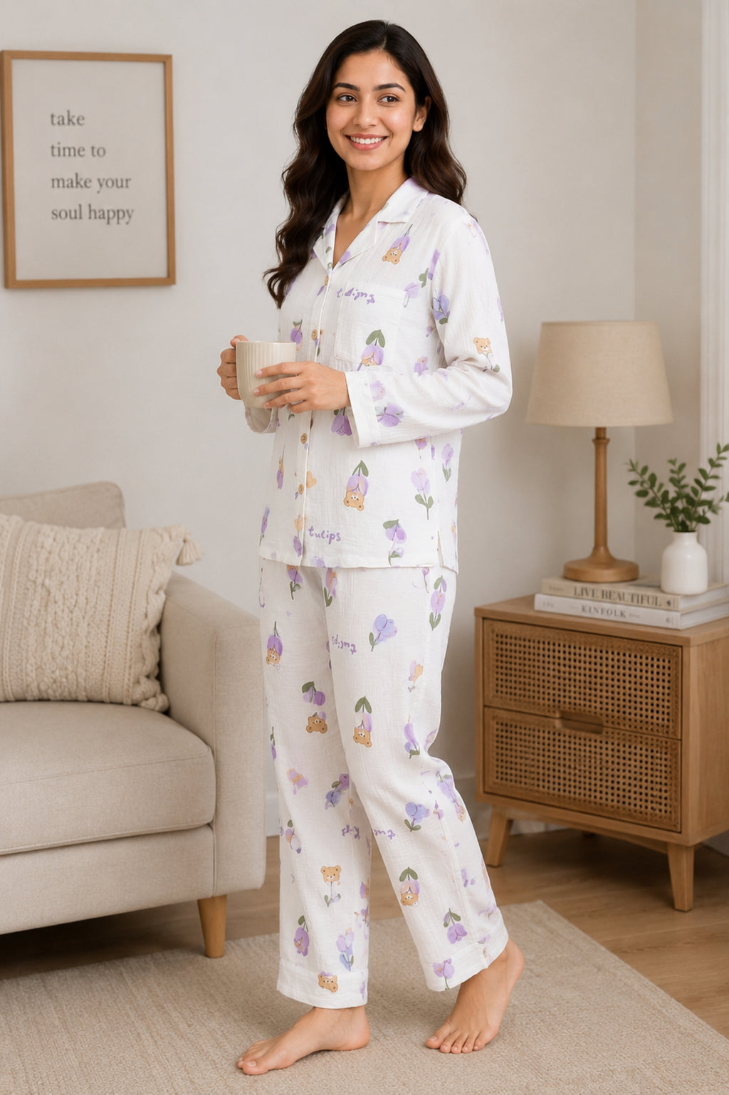 Women Night Suit Cotton Muslin Pyjama Set | Soft Printed Full Sleeve Sleepwear