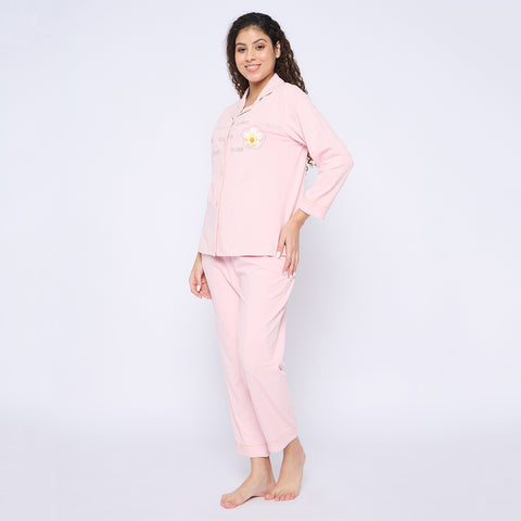 Women's Cotton Pajama Set, Long Sleeve Button-Down Top with Pants, Sleepwear, Pink