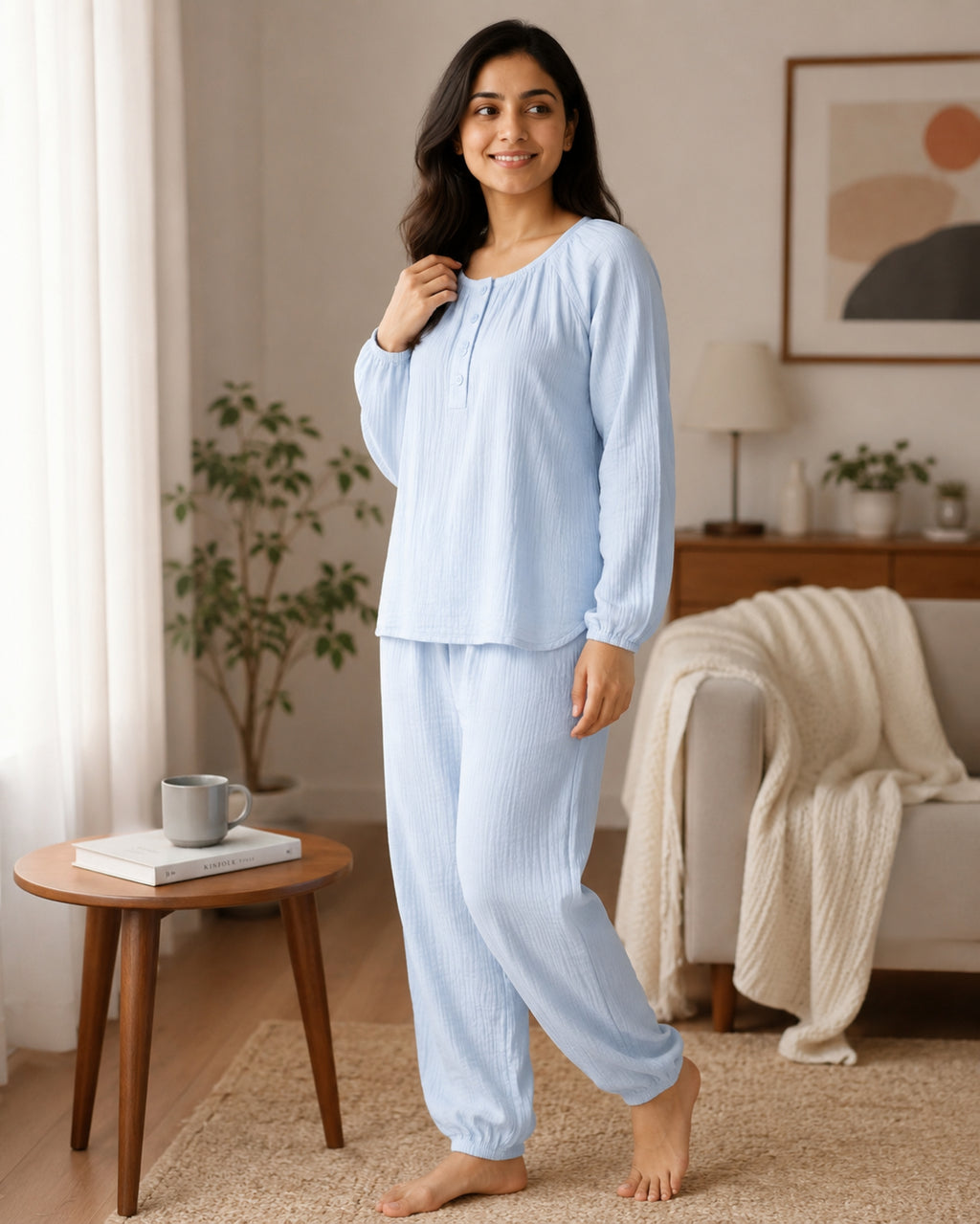 Women Night Suit Cotton Muslin Pyjama Set | Soft Printed Full Sleeve Sleepwear