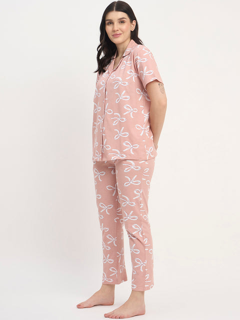 Women's Printed Nightsuit Pajama Set, Short Sleeve Button-Down Top with Pants, Cotton Nightwear, Beige