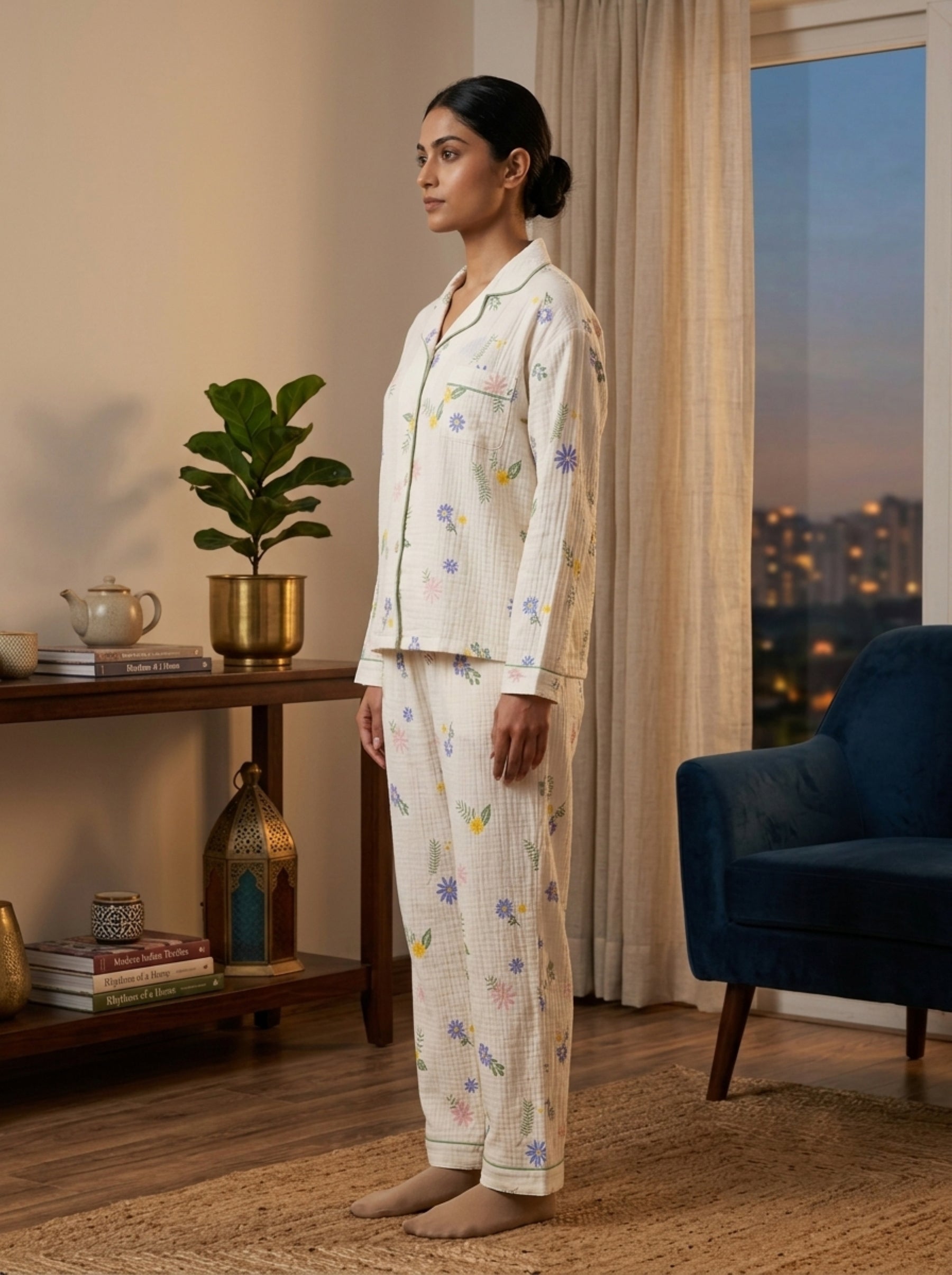 Women Night Suit Cotton Muslin Pyjama Set | Soft Printed Full Sleeve Sleepwear