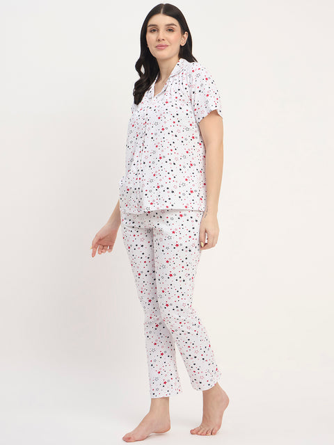 Women's Printed Nightsuit Pajama Set, Short Sleeve Button-Down Top with Pants, Cotton Nightwear, White