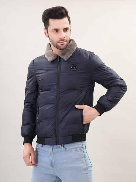 Navy Spread Collar Puffer Jacket for Mens