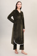 Women's Velvet Winter Corduroy Kurti Set, V-Neck, Long Sleeves (Olive)