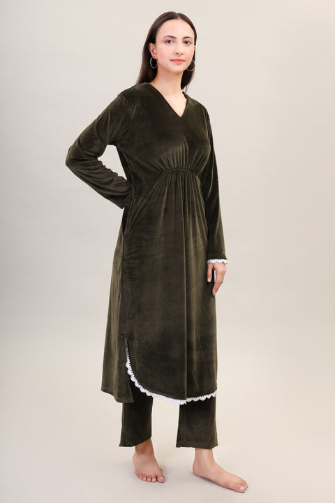 Women's Velvet Winter Corduroy Kurti Set, V-Neck, Long Sleeves (Olive)