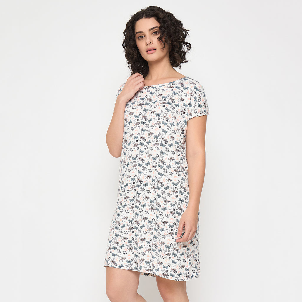 Camey Nighty Online – Fashionable Women's Night Sets | Women's Printed Nightgown, Short Sleeve Sleep Dress, Short Length, Short Nighty, White Grey