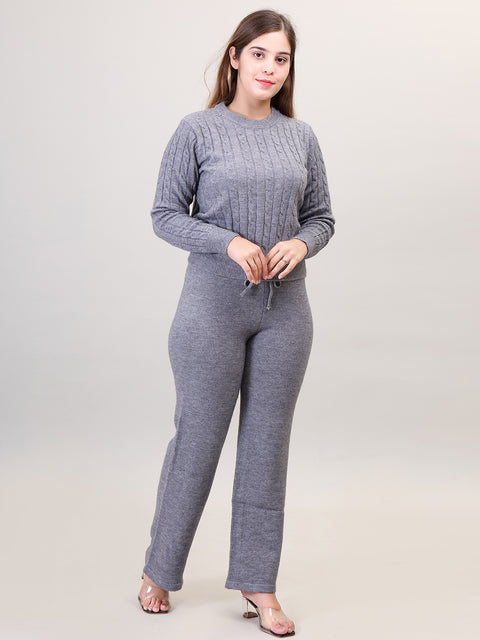 Women's Long Sleeve round neck woolen Co-Ord Set (Grey)