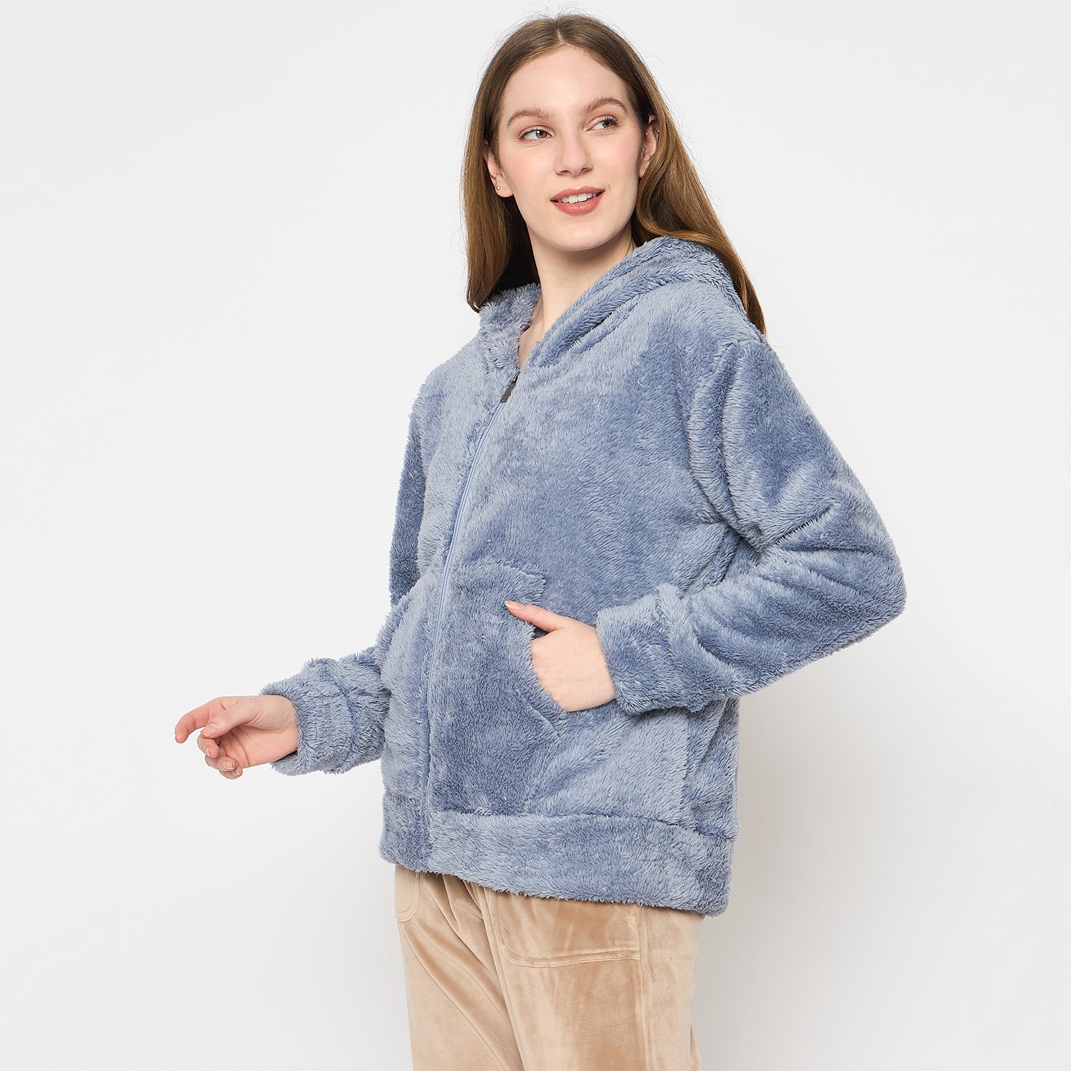 Women Solid Hooded Sherpa Fleece Sweatshirt