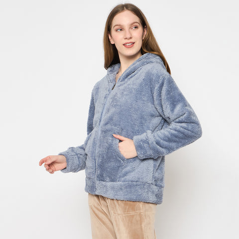 Women Solid Hooded Sherpa Fleece Sweatshirt