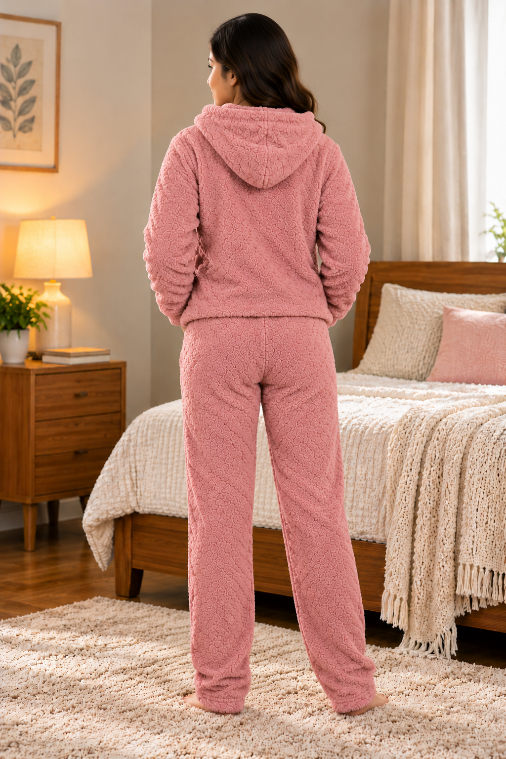 Women Solid hooded Comfortable Winter Nightwear Pyjama Set with Pocket