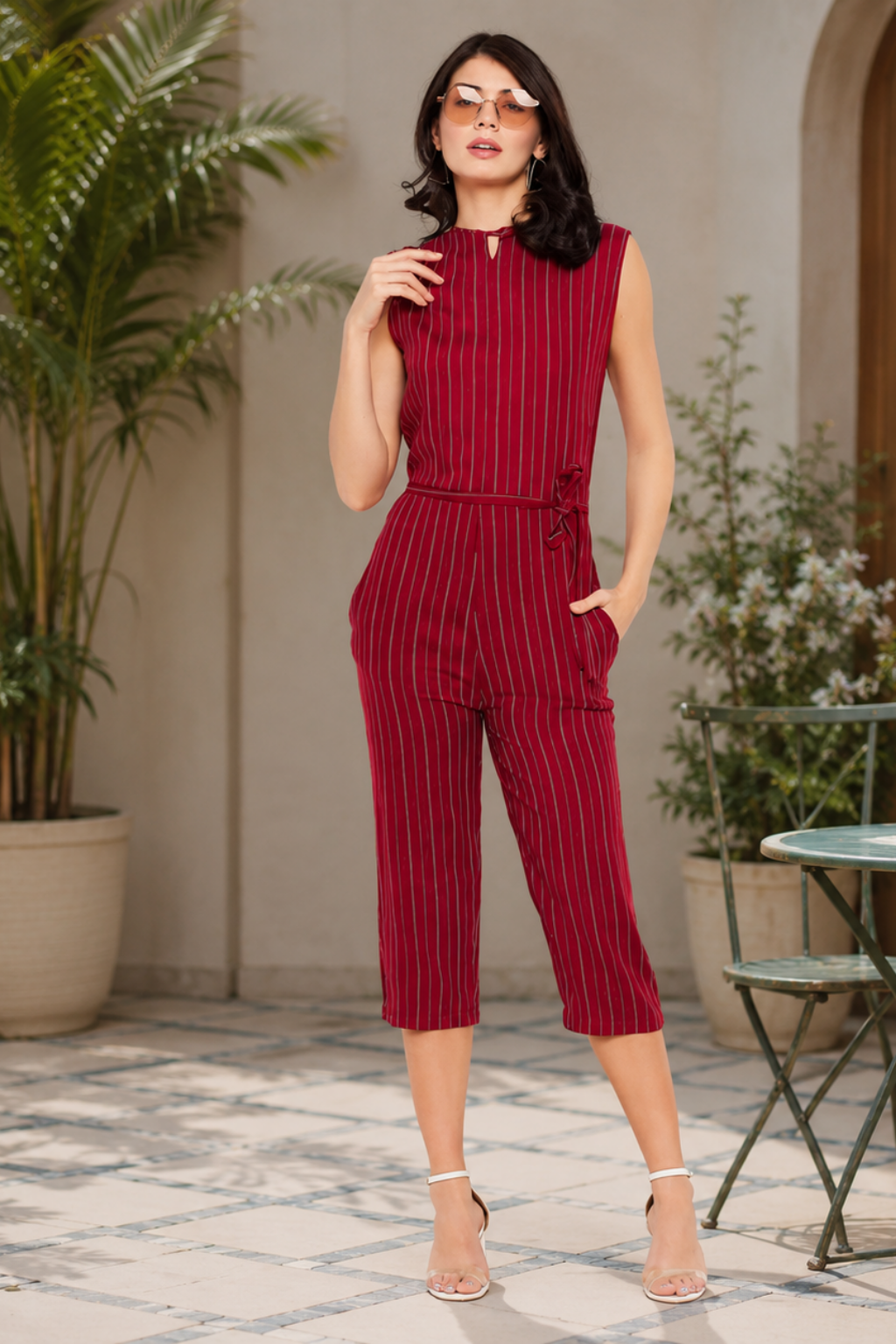 Women Printed Crepe Sleeveless Red Jumpsuit