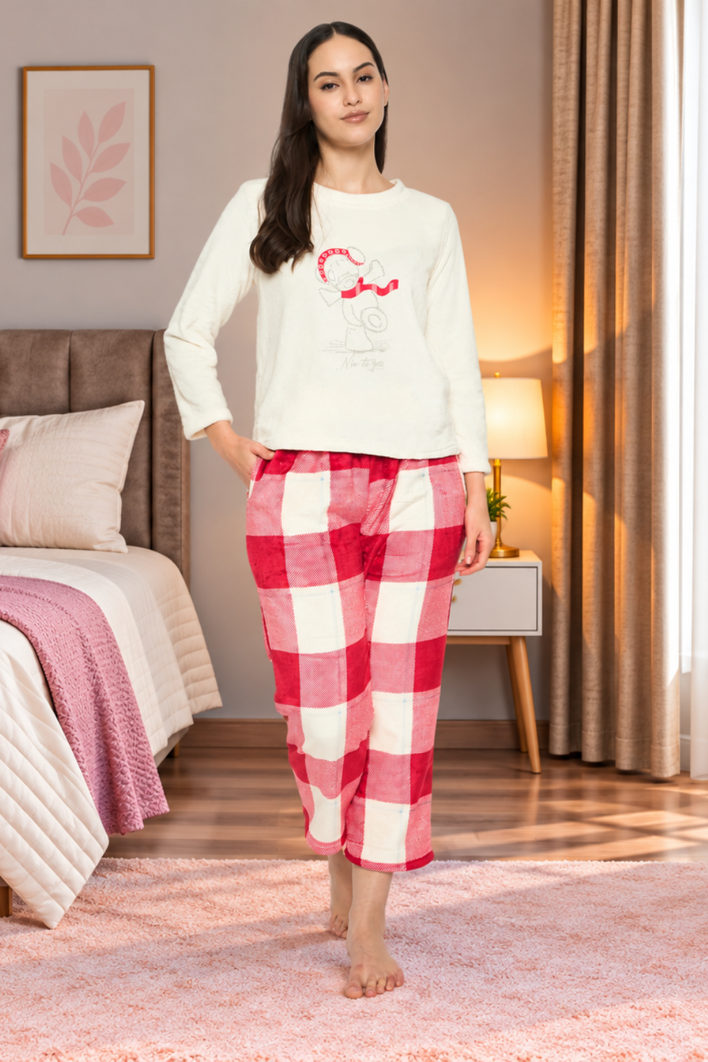 Women Printed Full Sleeve Round Neck Top and Pajama Pants with 1 side Pockets