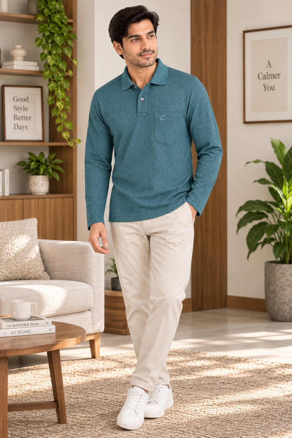 Men's Printed Full Sleeve T-Shirt For Men Polo Neck With Chest Pocket
