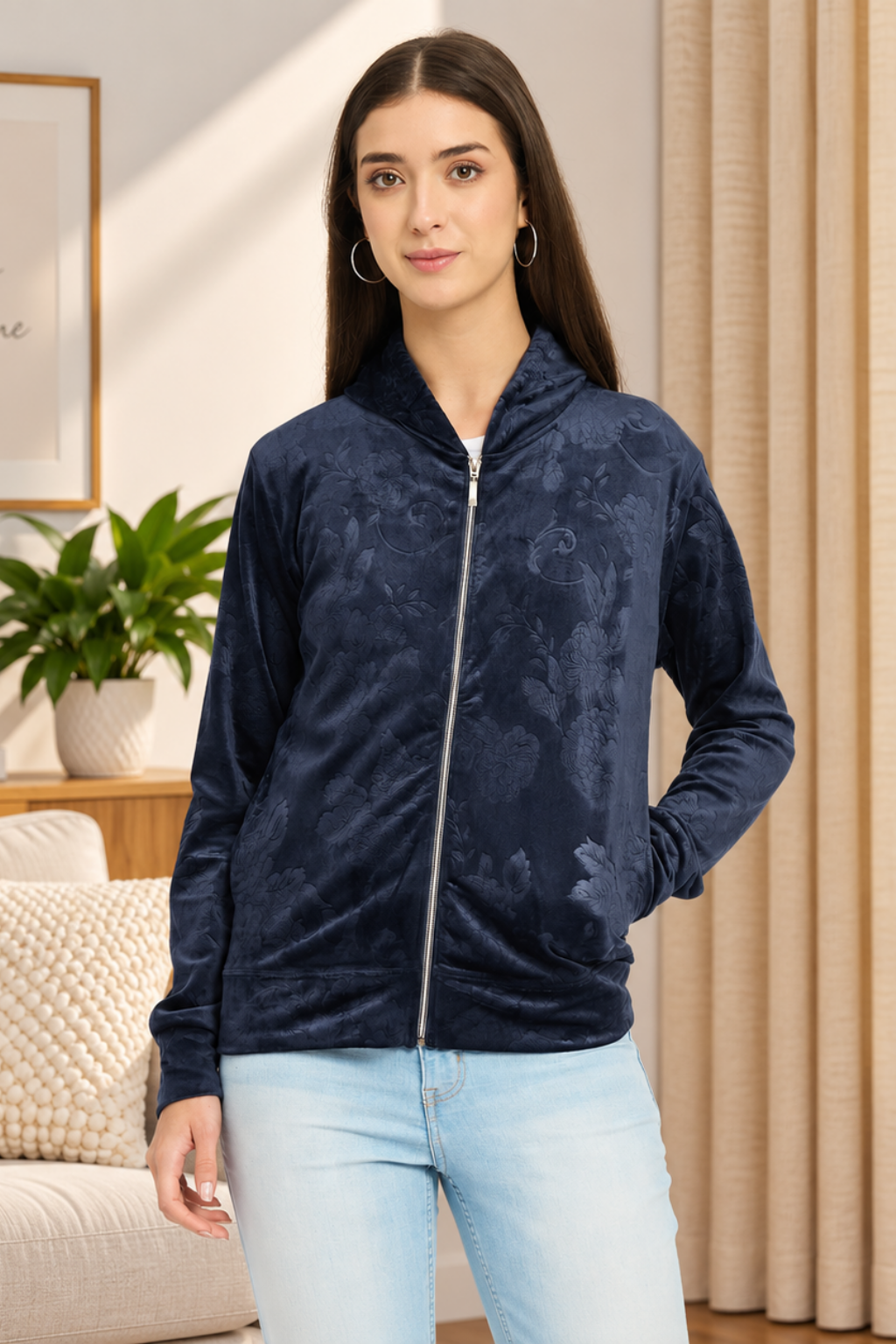 Women’s Floral Textured Zip-Up Hooded Sweatshirt