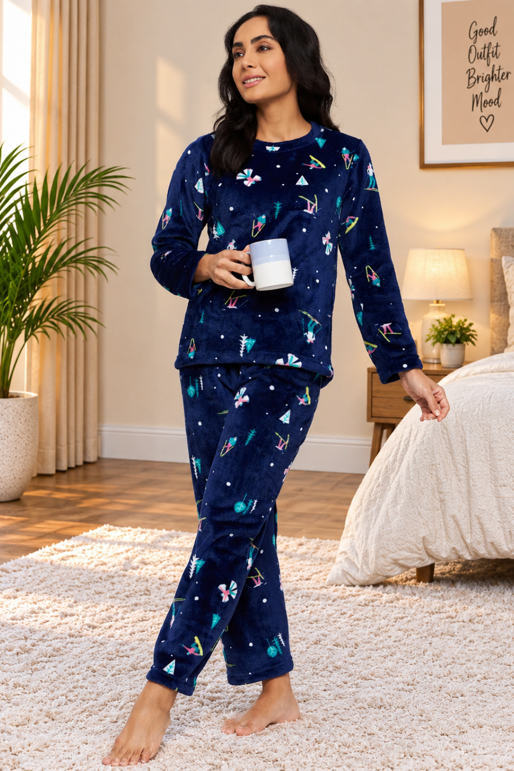 Women's Winter Full Sleeve Top and Pajama Pants Regular Fit Night Suit Round Neck Top and Pyjama Set Ladies Night Dress