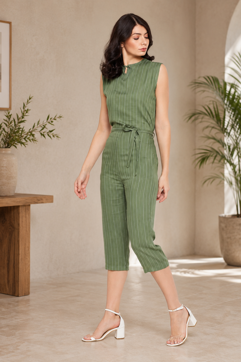 Women Printed Crepe Sleeveless Green Jumpsuit