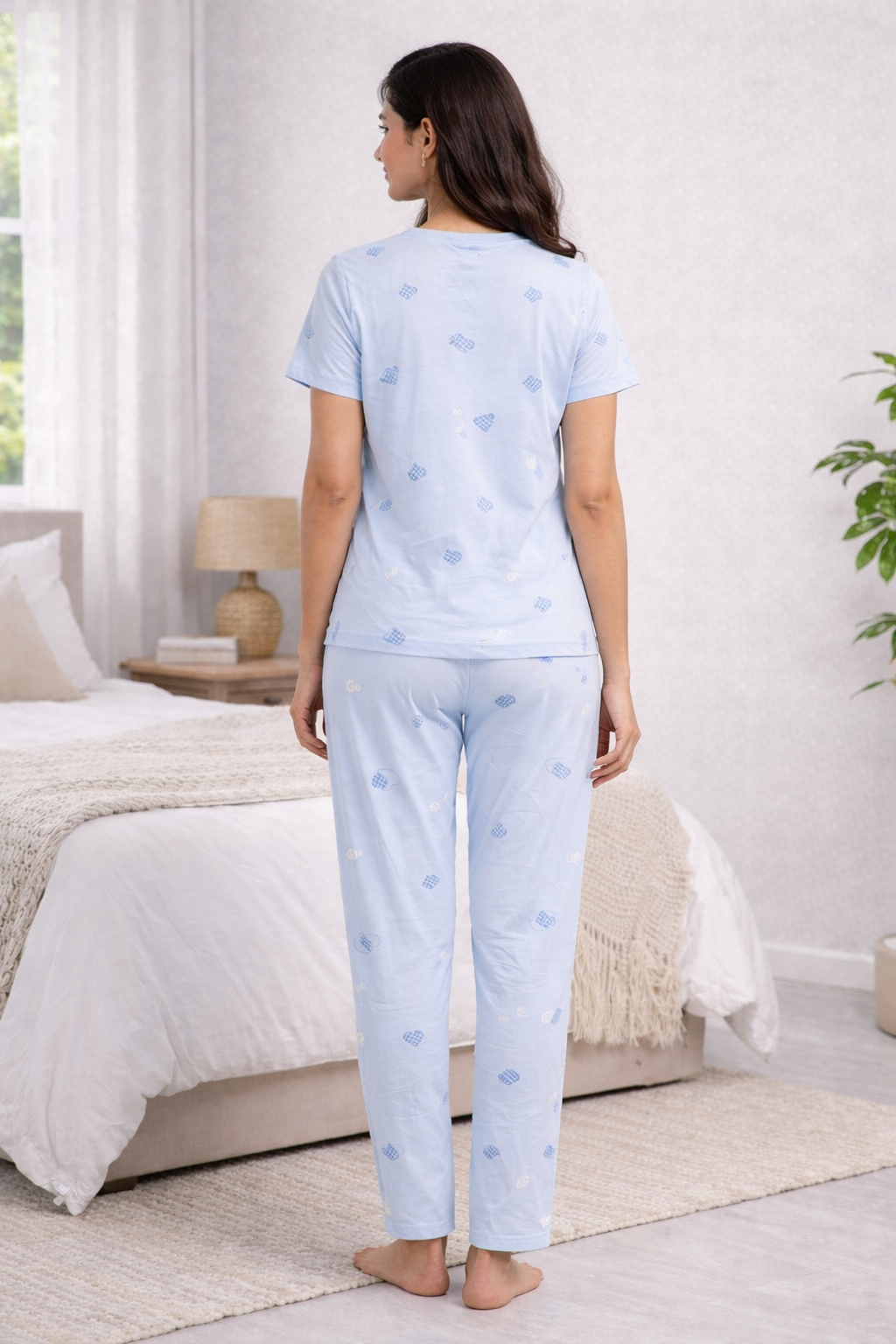 Women Viscose Pyjama Set Cute Prints Nightwear Soft Breathable Sleepwear Short Sleeve Top & Full Length Pajama Pants Lounge Set