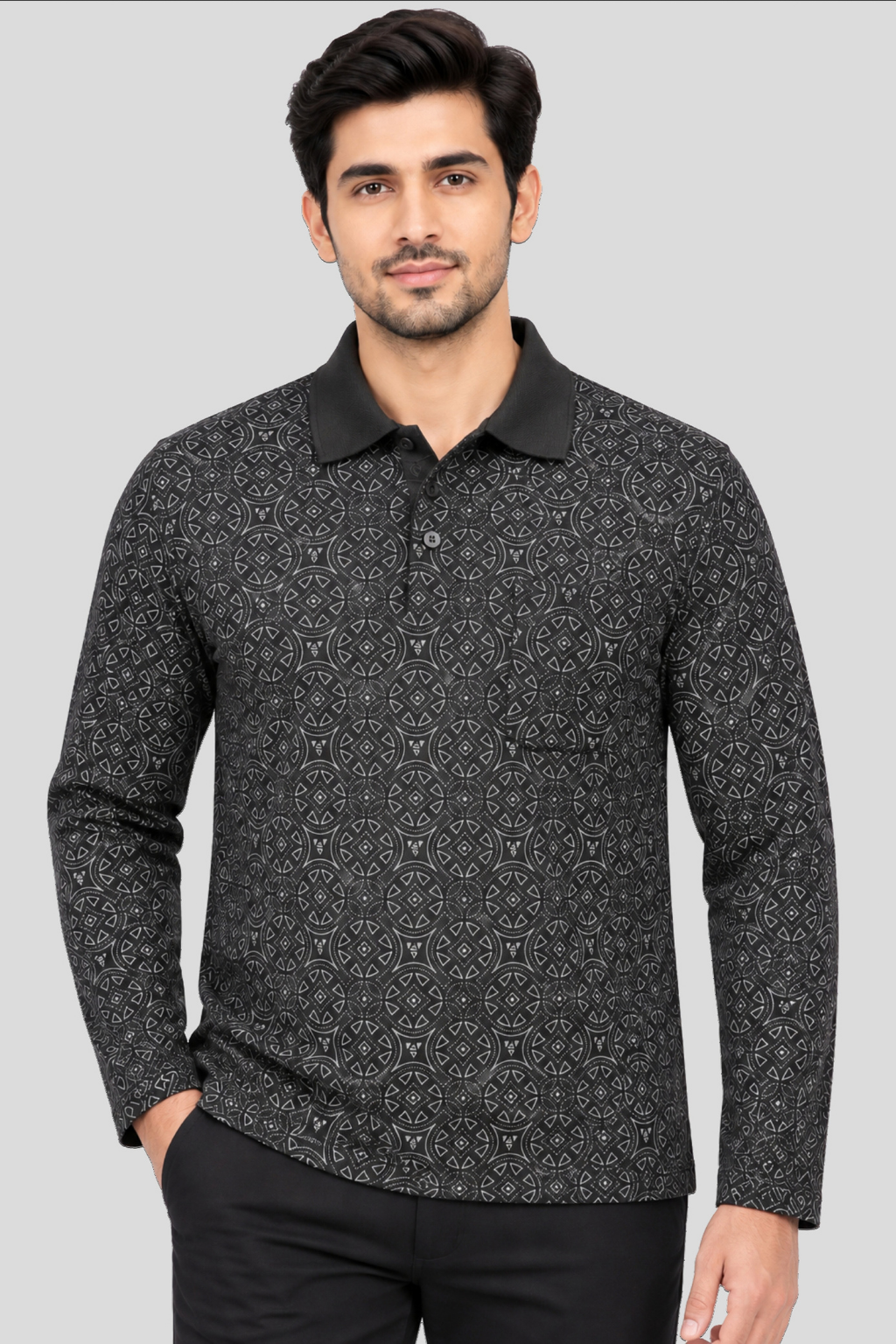 Men's Printed Full Sleeve T-Shirt For Men Polo Neck With Chest Pocket