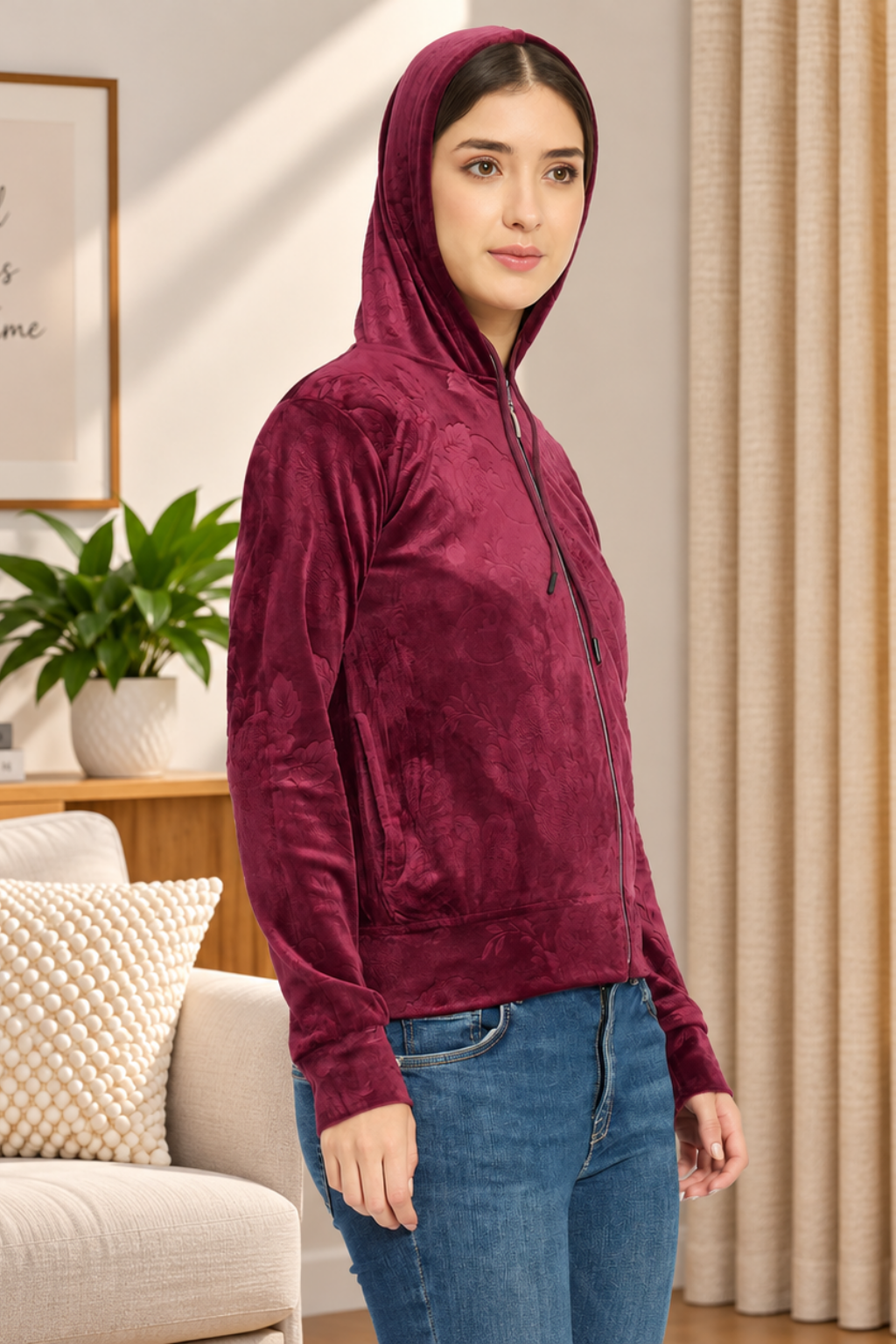 Women’s Floral Textured Zip-Up Hooded Sweatshirt