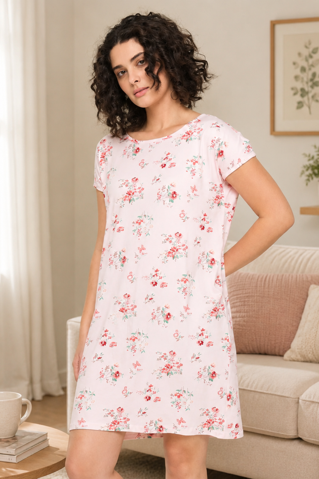 Camey Cotton Nighty – Best Nightwear for Women Online | Women's Printed Nightgown, Short Sleeve Sleep Dress, Short Length, Short Nighty, Pink Red