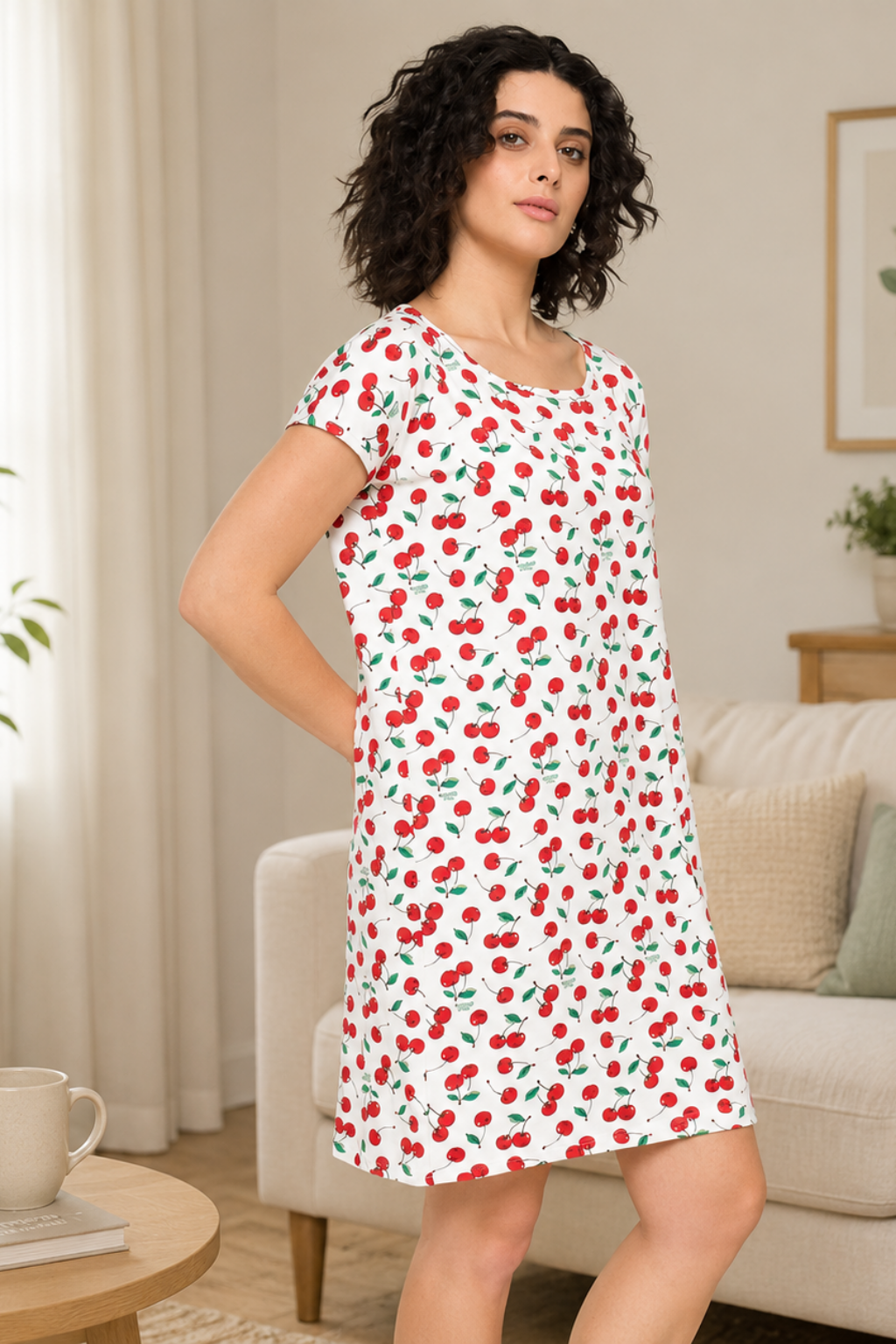 Camey Nighty for Women – Long, Soft & Trendy Sleepwear | Women's Printed Nightgown, Short Sleeve Sleep Dress, Short Length, Short Nighty, Cream Red