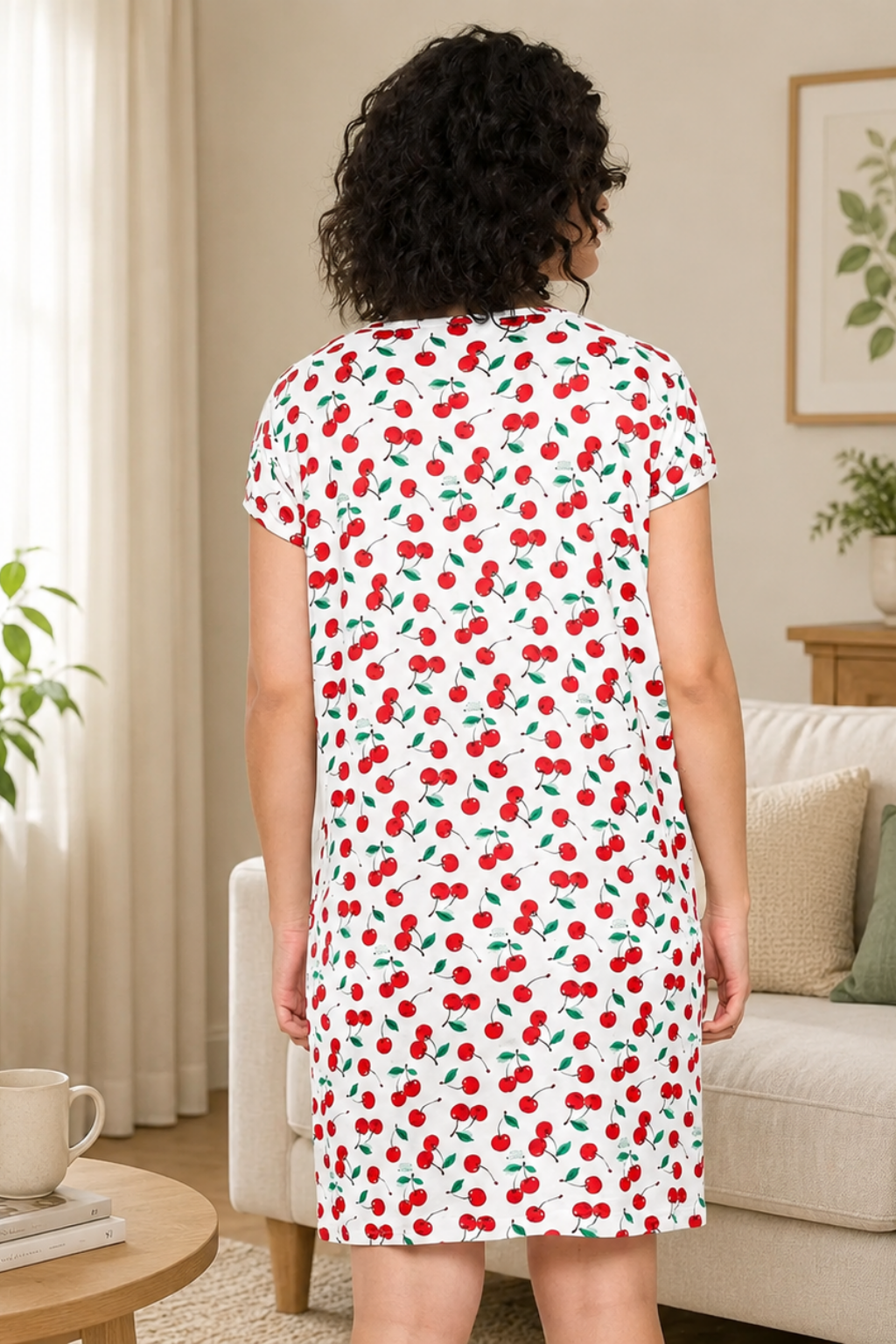 Camey Nighty for Women – Long, Soft & Trendy Sleepwear | Women's Printed Nightgown, Short Sleeve Sleep Dress, Short Length, Short Nighty, Cream Red