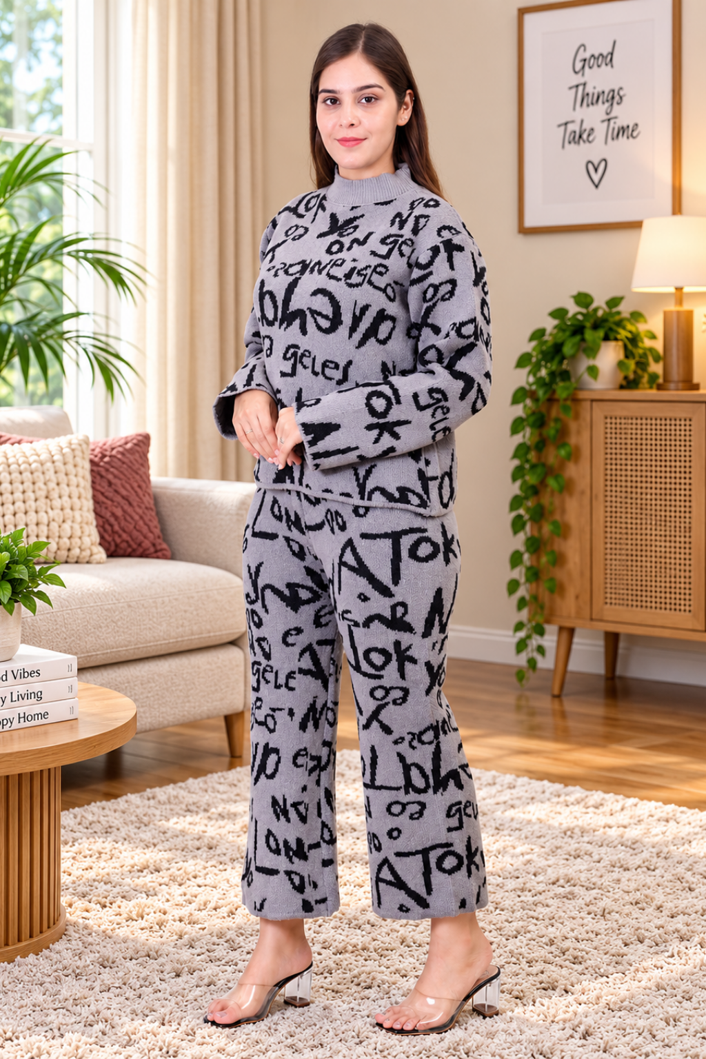 Women's Long Sleeve Round Neck woolen Grey Co-Ord Set