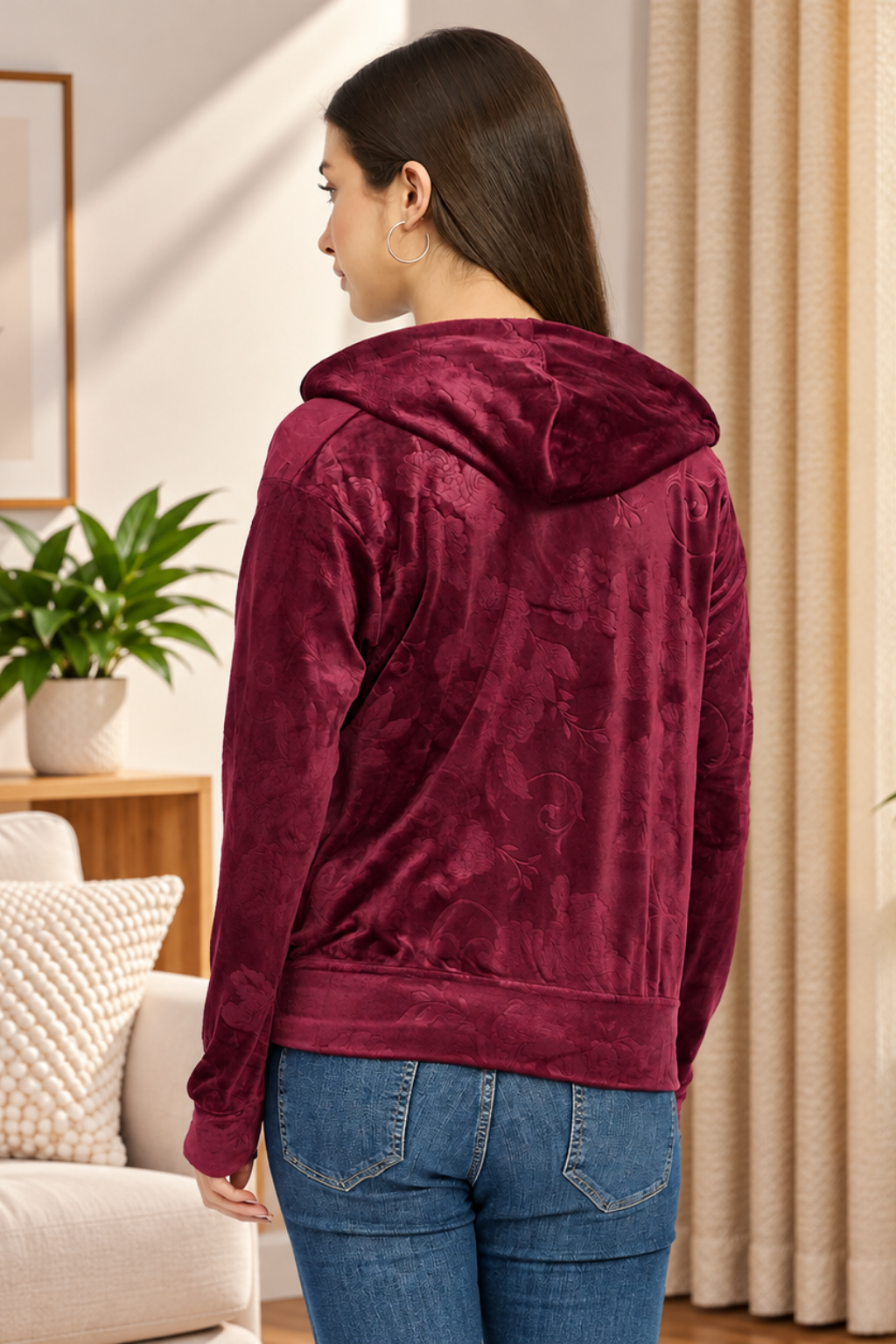 Women’s Floral Textured Zip-Up Hooded Sweatshirt