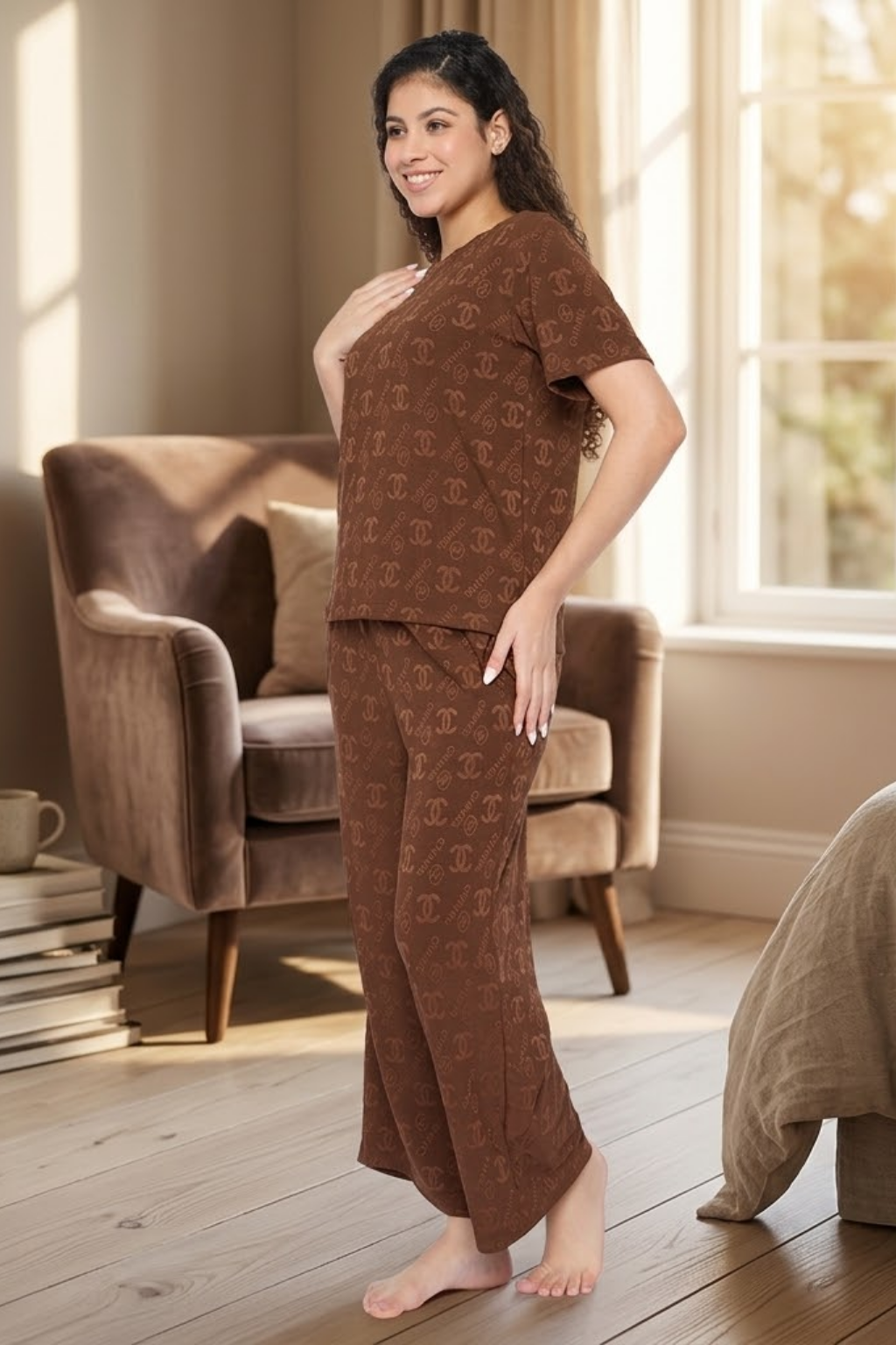 Top and Pyjama Set for Women Nightwear, Brown